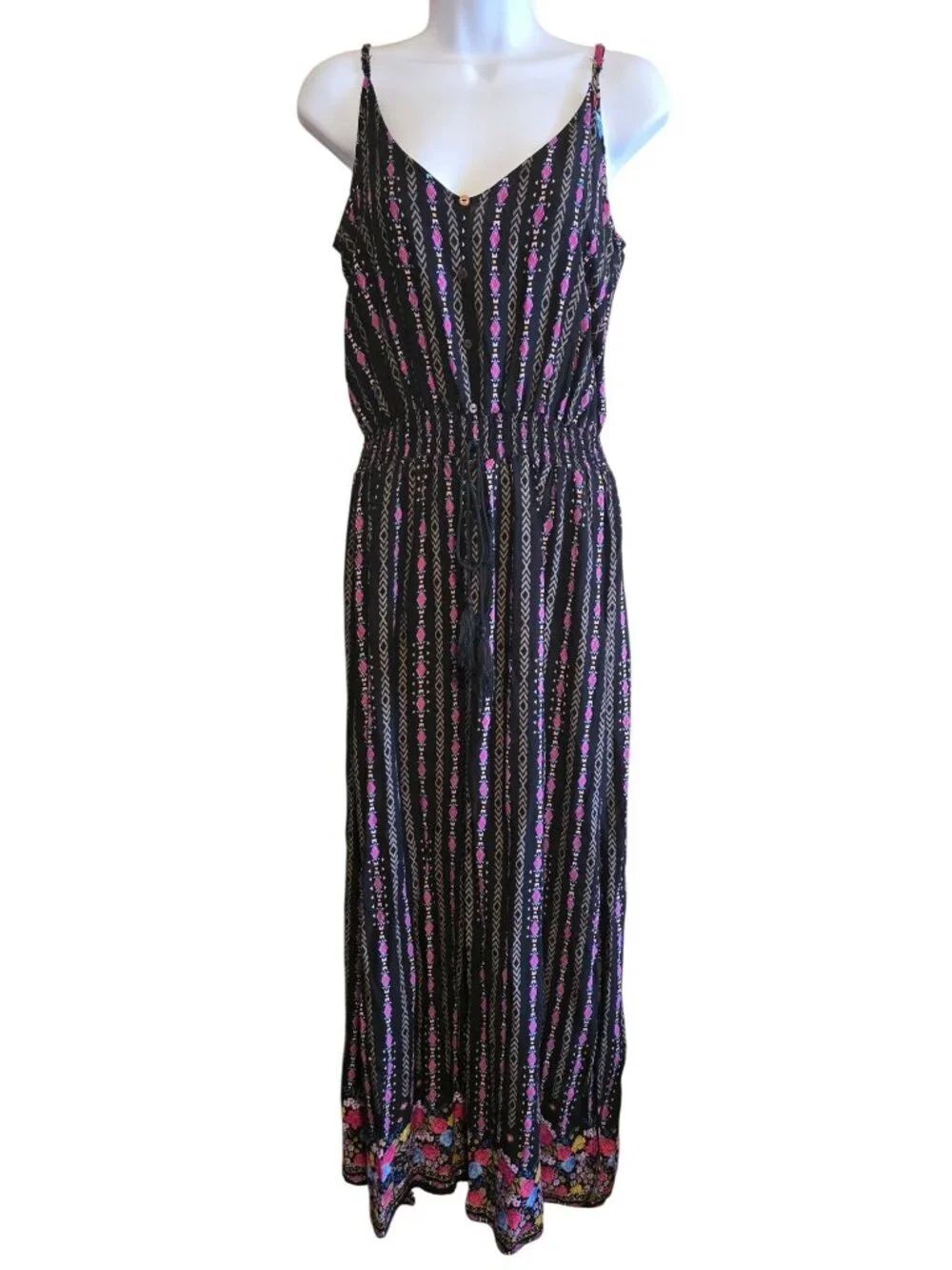 Floral Maxi Dress With Geometric Stripes & Adjustable Straps aztec colors boho